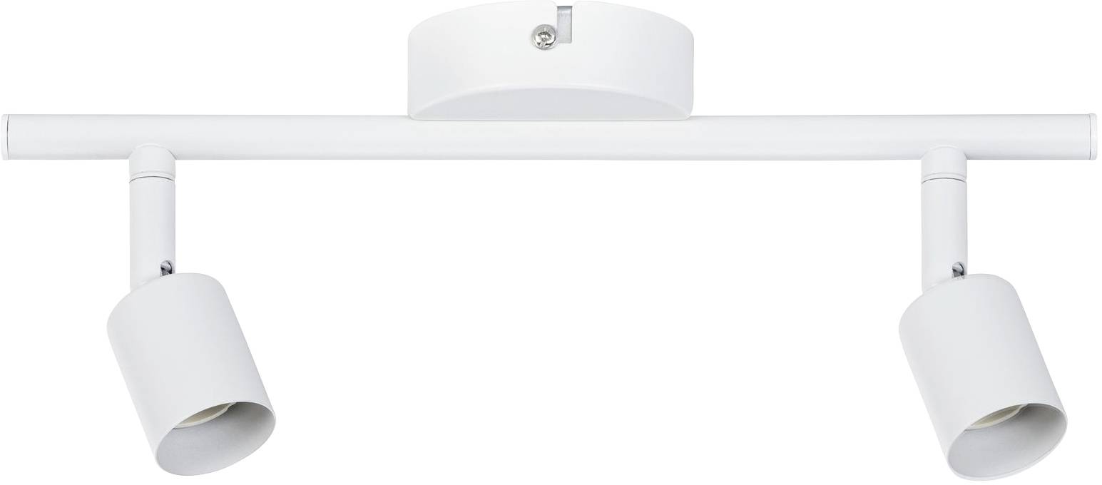 Plafoniera bianca con due faretti regolabili montati su una guida orizzontale. Ideale per un'illuminazione mirata.