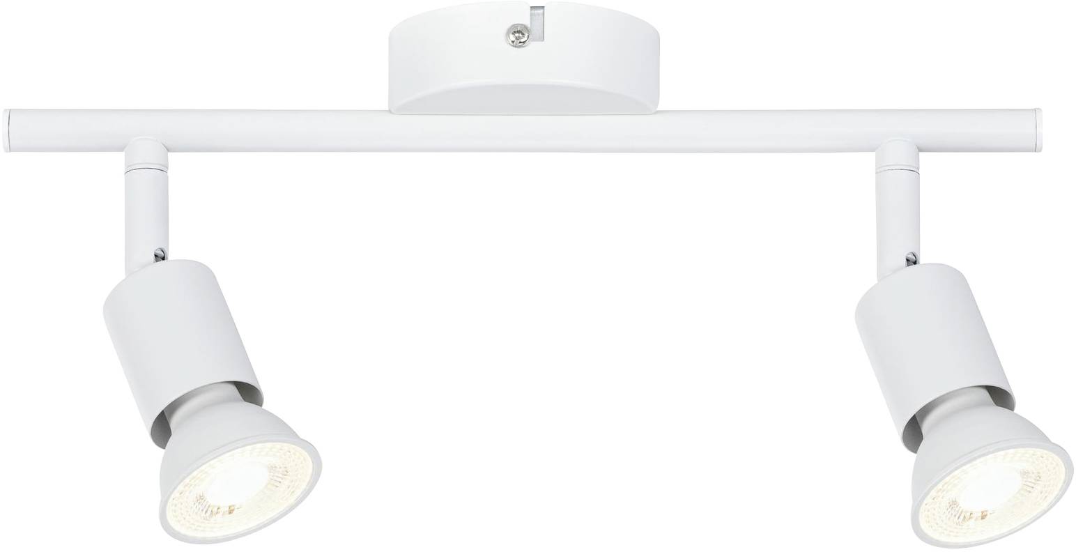 Plafoniera bianca a due luci con faretti orientabili, idonea per un'illuminazione uniforme degli ambienti interni.