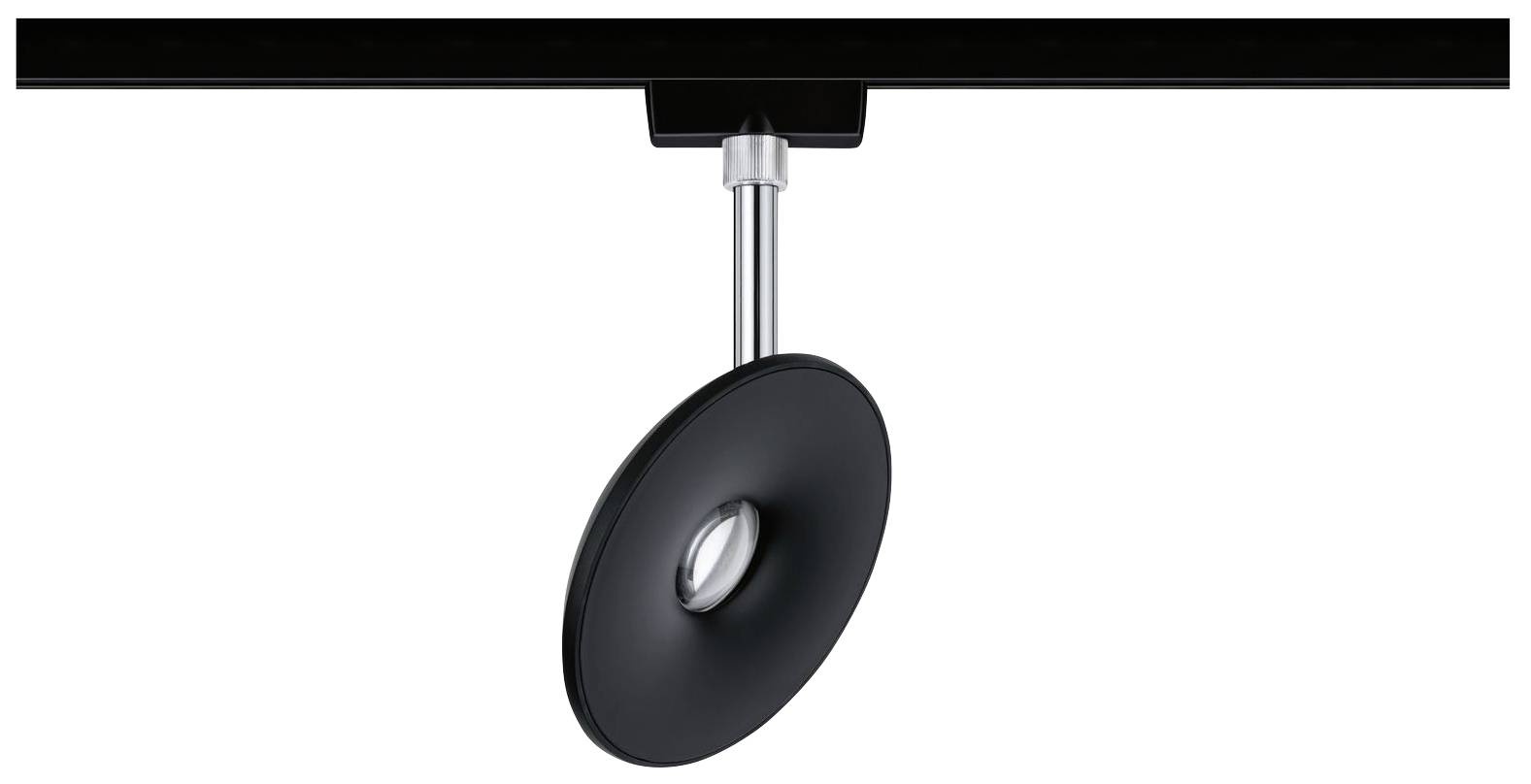 Una lampada da soffitto moderna nera con design circolare, montata su un'asta metallica. È fissata a una guida nera.