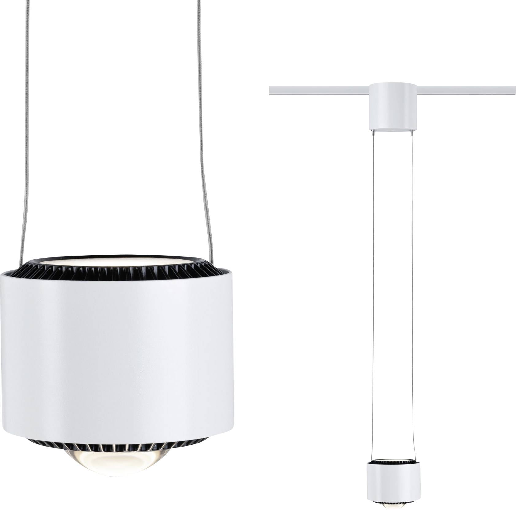 Una moderna lampada a sospensione bianca con forma cilindrica, appesa al soffitto mediante sottili cavi.