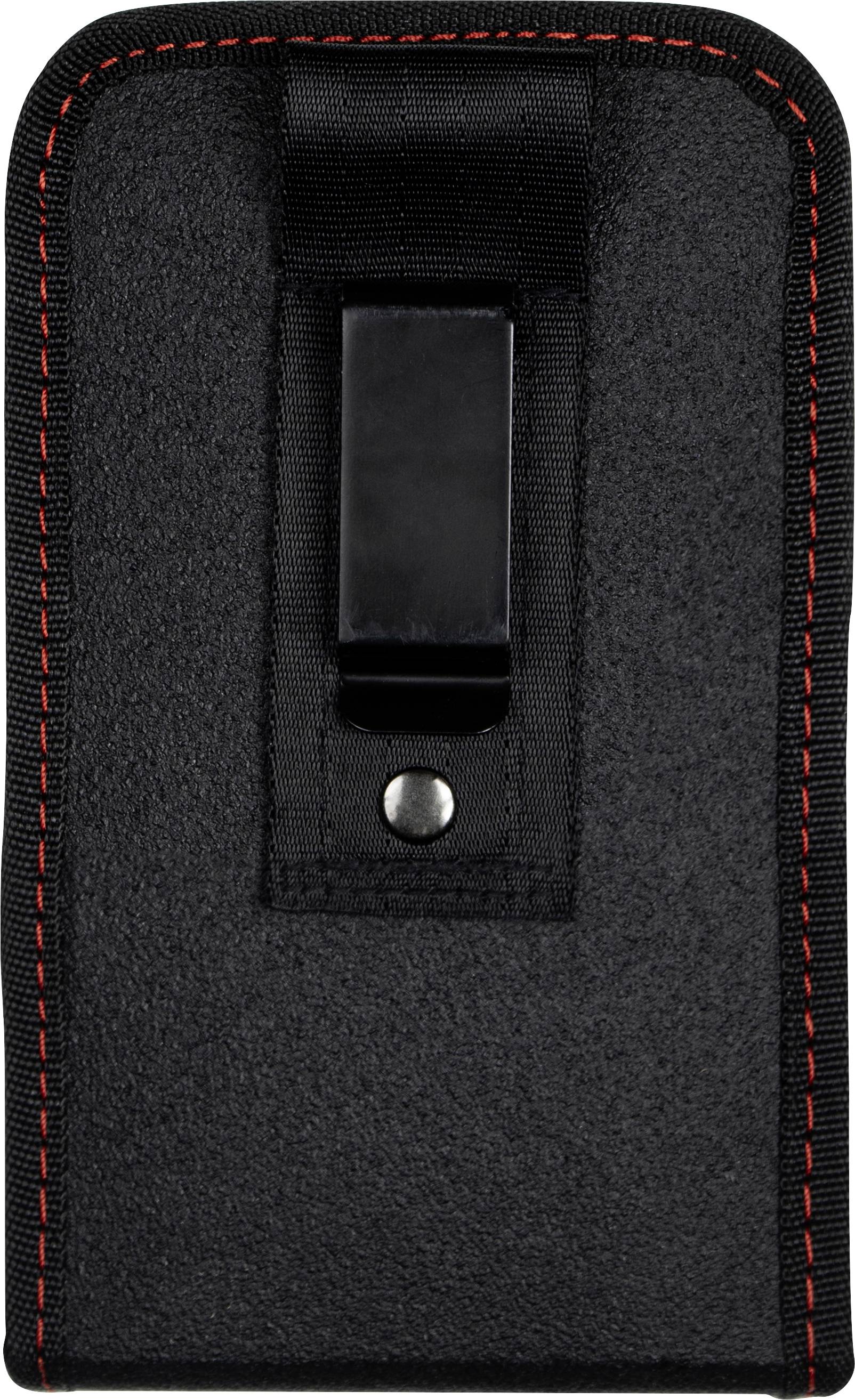 Borsa a tracolla nera con cucitura rossa e clip metallica centrale. Adatta per essere agganciata a una cintura.