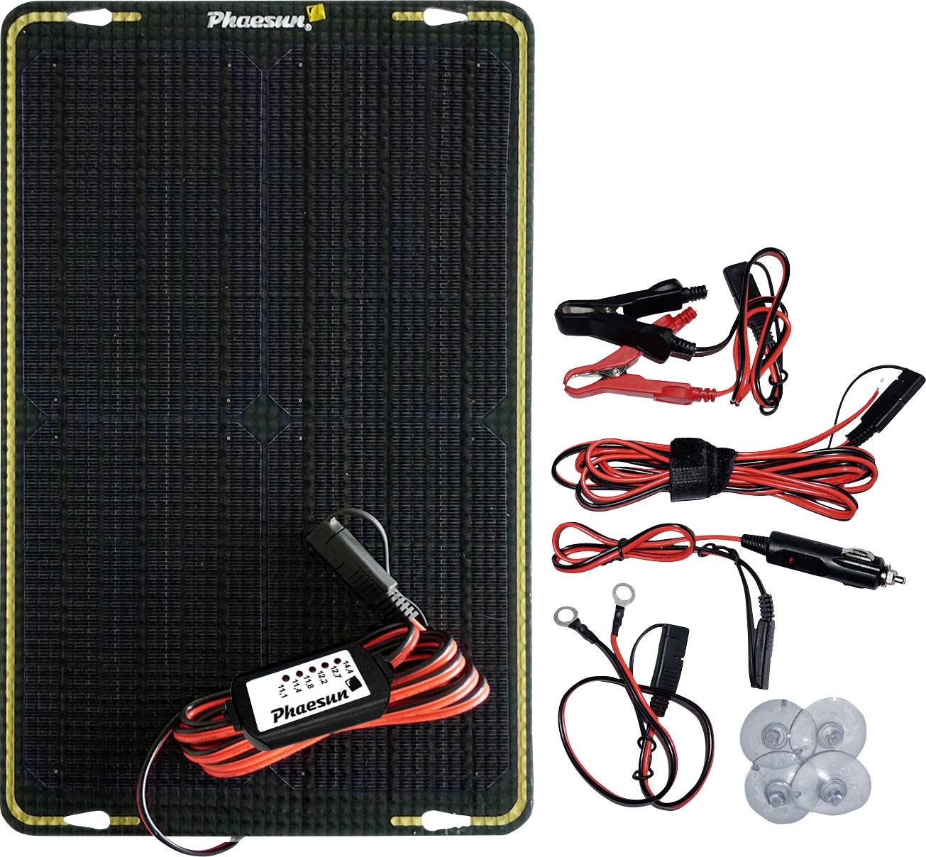 Modulo solare con accessori come morsetti e cavi per l'alimentazione elettrica mobile. Include adattatori per diverse applicazioni.