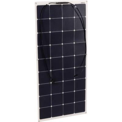 Un pannello solare composto da 18 celle rettangolari interconnesse; su di esso sono fissati due cavi neri per i collegamenti elettrici.