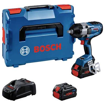 Kit avvitatore ad impulsi cordless Bosch con custodia di trasporto, caricabatterie e batteria su sfondo bianco.