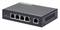 Switch di rete con cinque porte Ethernet; quattro per le uscite, una per gli ingressi. Etichetta del marchio sulla parte superiore.