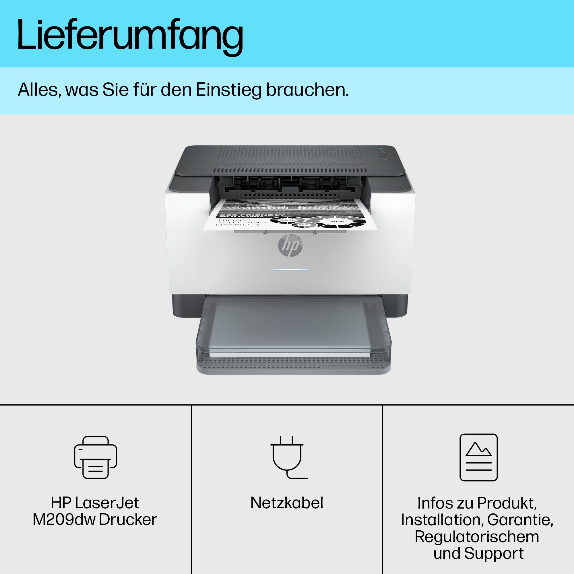 Il contenuto della confezione include: Stampante HP LaserJet M209dw, cavo di alimentazione, informazioni sul prodotto, installazione, garanzia e supporto.