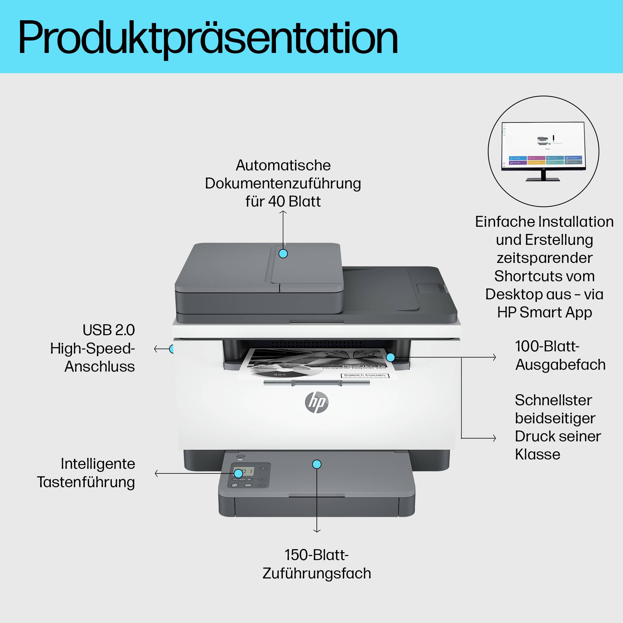 Stampante multifunzione in presentazione con dettagli. Funzioni: alimentatore automatico documenti, porta USB, tasti intelligenti. Vassoio carta da 150 fogli. Stampa veloce.
