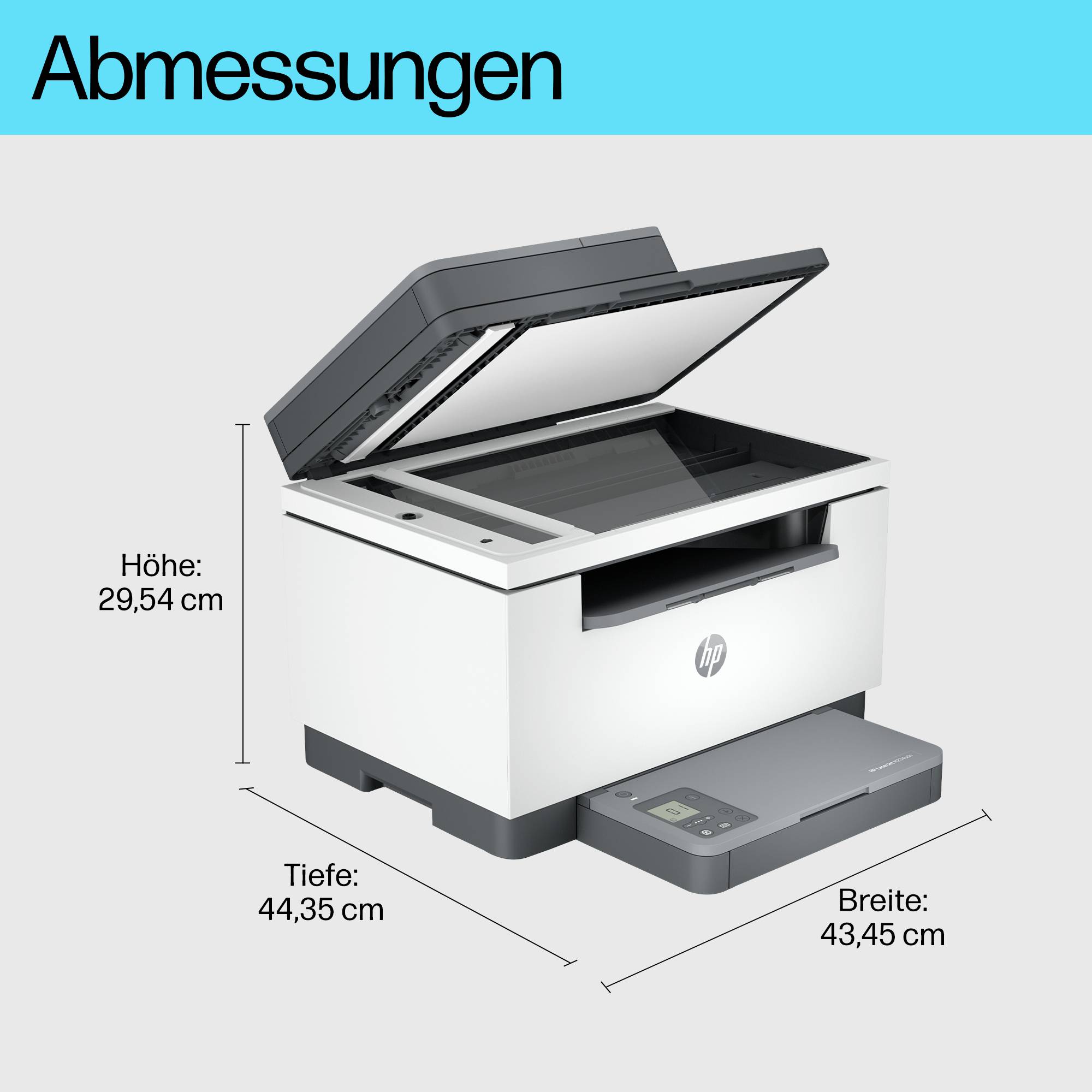 Una stampante aperta con le seguenti dimensioni: altezza 29,54 cm, profondità 44,35 cm, larghezza 43,45 cm.