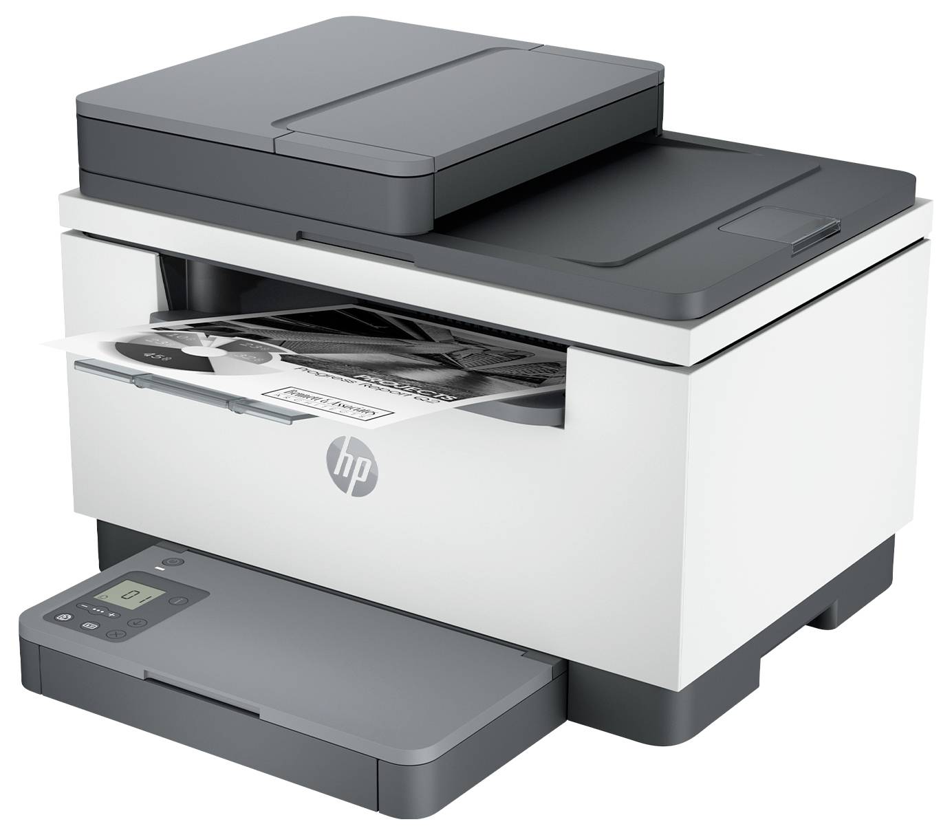 Una stampante aperta con funzione scanner in bianco e grigio. Il logo HP si trova sul lato anteriore del dispositivo.