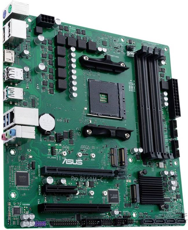 'Foto di una scheda madre per computer: Asus Pro B550M-C. Mostra diversi connettori, slot e componenti su una piastra verde.'