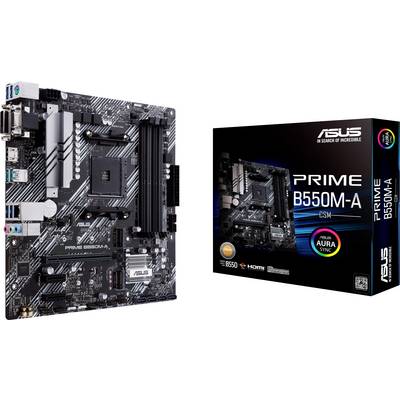 Una scheda madre ASUS PRIME B550M-A accanto alla sua confezione. La confezione mostra 'PRIME B550M-A CSM' e mette in evidenza le caratteristiche principali.