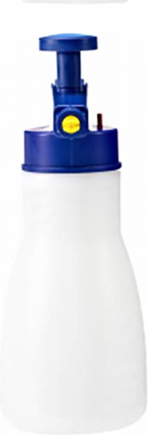 Un contenitore spray bianco con meccanismo a pompa blu e tasto giallo, comunemente utilizzato nella cura del giardino.