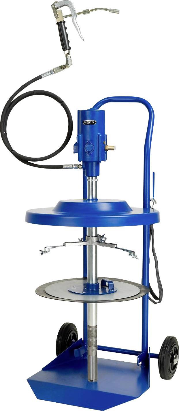 Un sistema portatile blu per pompaggio grasso con impugnatura e ruote, ideale per la manutenzione e la lubrificazione delle macchine.