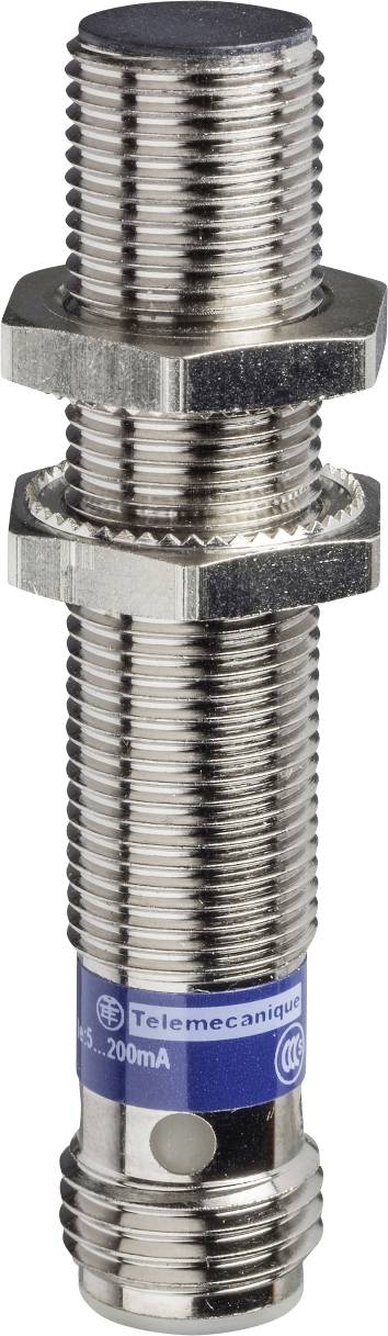 Sensore industriale cilindrico, color argento, con corpo filettato, dettagli blu e logo del marchio 'Telemecanique'.