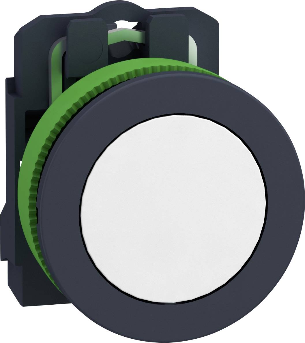 Un pulsante rotondo e piatto con bordo grigio e anello verde, montato su un supporto nero.
