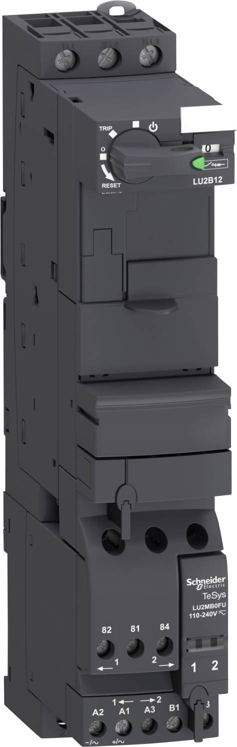Un interruttore elettronico nero di Schneider Electric, modello 'TeSys U', con spia luminosa verde e diversi morsetti.
