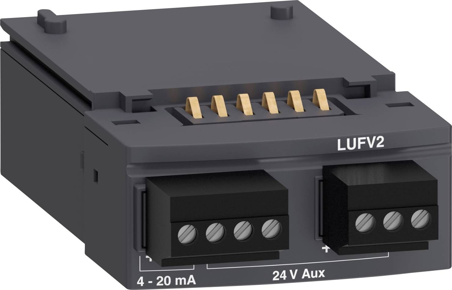 Modulo ventilatore LUFV2 con due aree di connessione: '4 - 20 mA' e '24 V Aux'. Utilizza connettori per il collegamento elettrico.