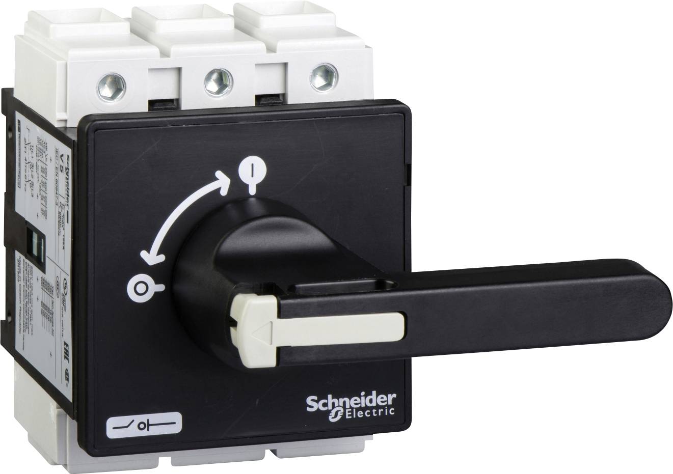 Interruttore rotativo di Schneider Electric in bianco e nero, con frecce che indicano l'accensione e lo spegnimento, con tre punti di fissaggio superiori.