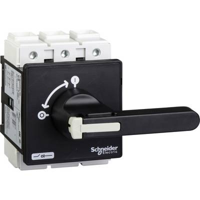 Interruttore rotativo di Schneider Electric in bianco e nero, con frecce che indicano l'accensione e lo spegnimento, con tre punti di fissaggio superiori.