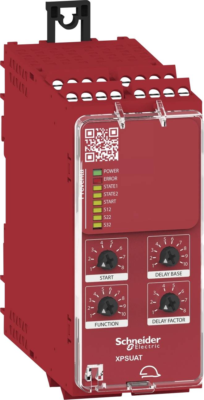 Dispositivo elettrico rosso di Schneider Electric con LED, interruttori e codice QR sul lato frontale. Testi: 'POWER', 'ERROR'.