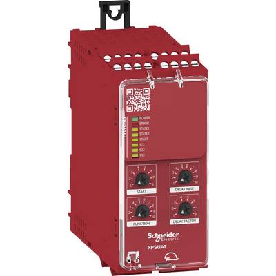 Dispositivo elettrico rosso di Schneider Electric con LED, interruttori e codice QR sul lato frontale. Testi: 'POWER', 'ERROR'.