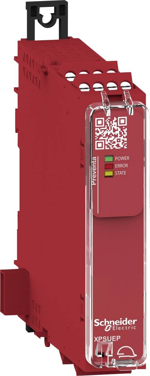 Componente elettronica di Schneider Electric, alloggiamento rosso, con indicatori LED verdi e rossi per Alimentazione, Errore e Stato.