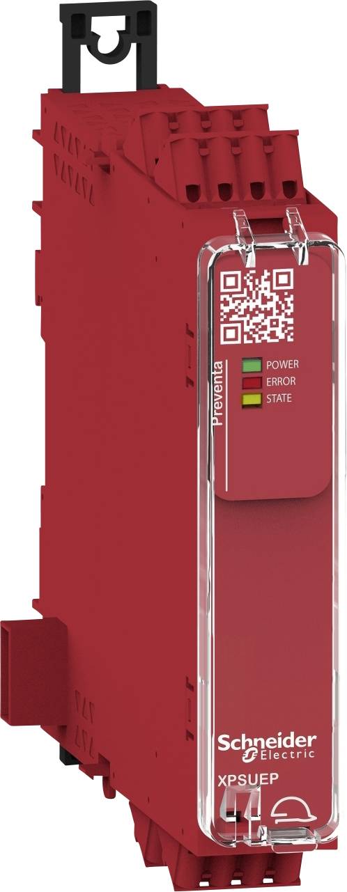 Un modulo relè di sicurezza rosso di Schneider Electric con indicatori LED: verde per 'Alimentazione', rosso per 'Errore', giallo per 'Stato'.