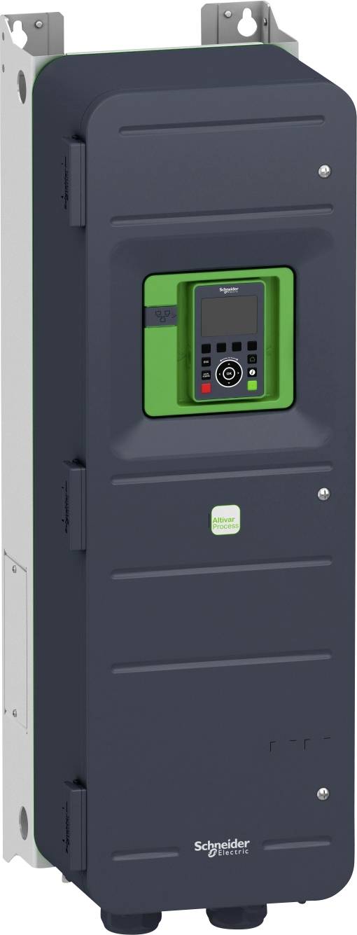 Un armadio elettrico grigio con un pannello di controllo verde al centro, con un piccolo display sotto di esso.
