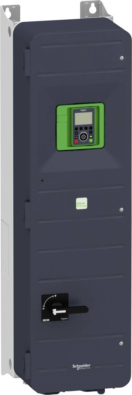 Un armadio elettrico con pannello di controllo digitale e comandi, prodotto da Schneider, montato a parete.