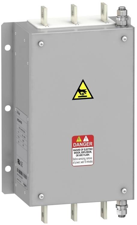 Dispositivo elettrico grigio con cartello di avvertenza 'Pericolo di scossa elettrica'. Forma rettangolare, con diversi punti di connessione nella parte superiore.