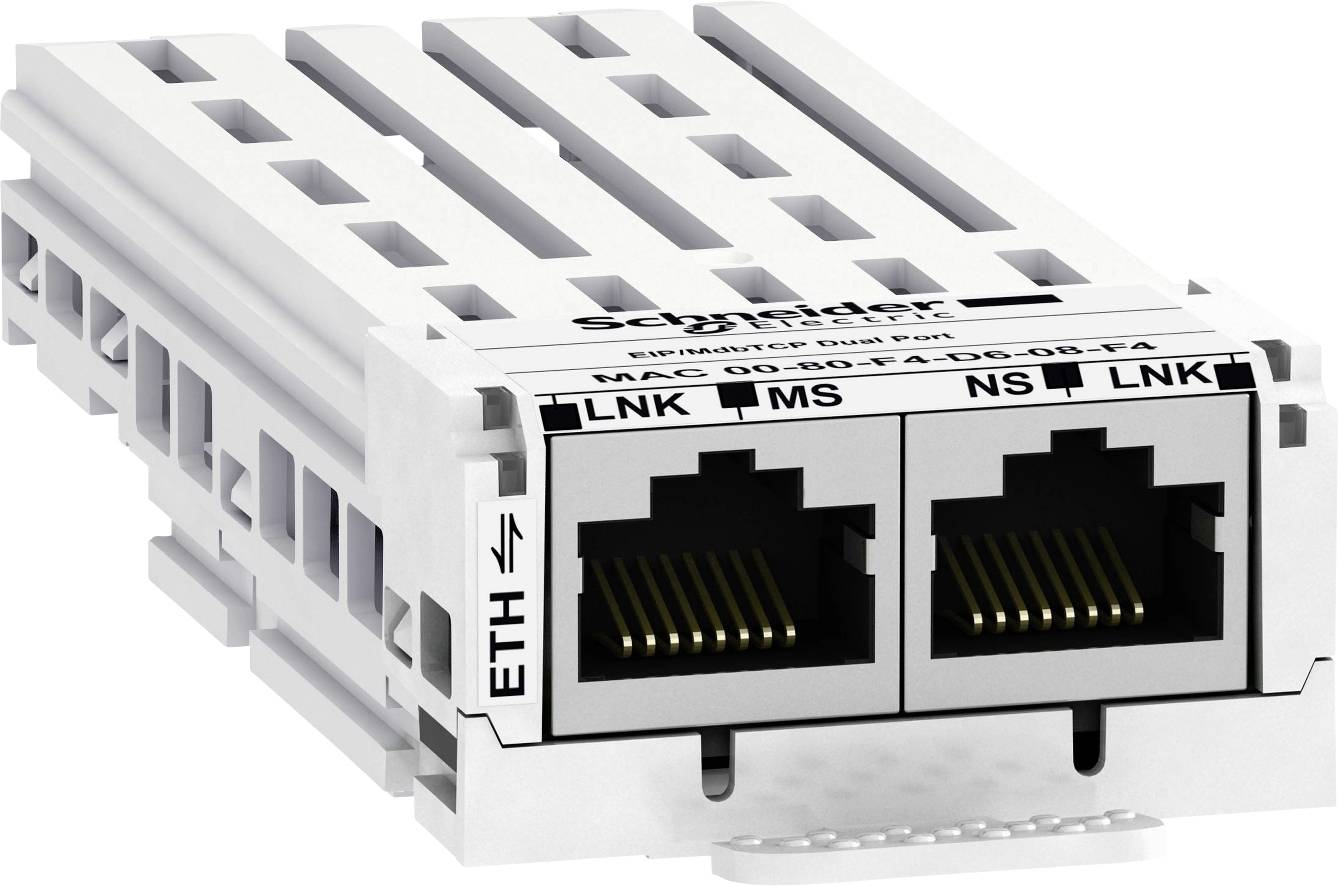 'Switch Ethernet doppio per montaggio su guida DIN con due connettori RJ45 e indicatori LED per stato LNK e MS.'