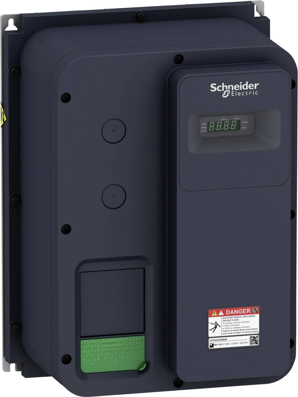 Un dispositivo elettrico di Schneider Electric con display digitale e avviso di attenzione.