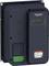 Convertitore Schneider Electric nero con display, due pulsanti rotondi e avviso di attenzione. Dispositivo per il controllo di motori elettrici.