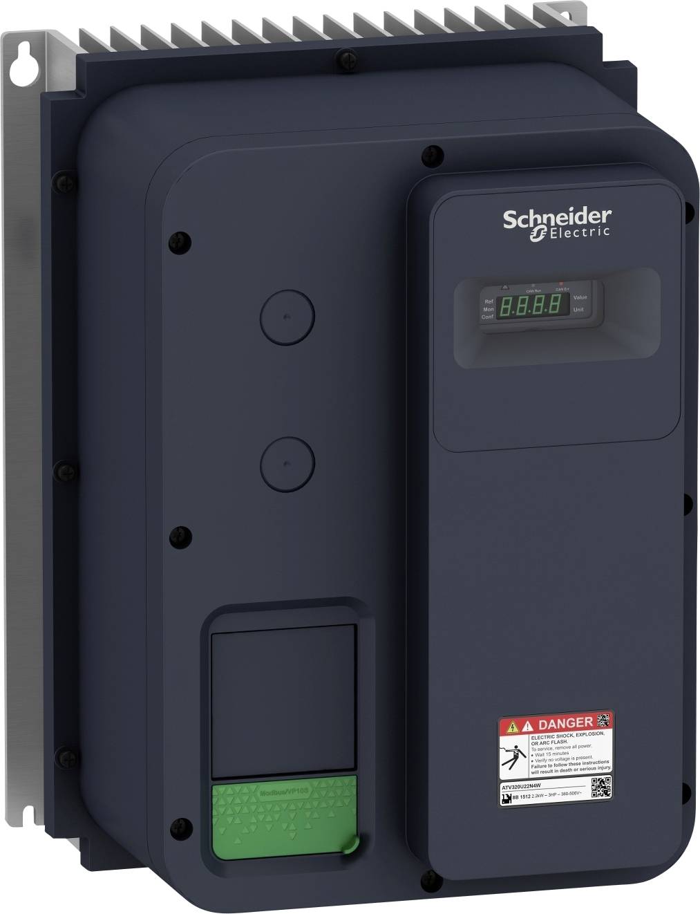 'Raddrizzatore elettrico di Schneider Electric, colore del contenitore nero, con display digitale e simboli di avvertenza in basso.'