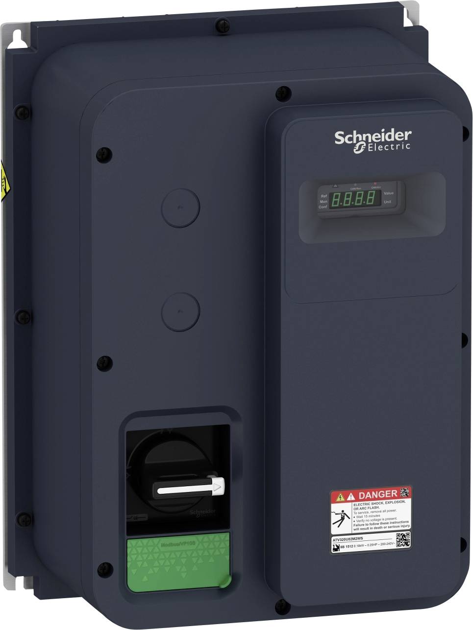 Un dispositivo elettrico di Schneider Electric con un display, interruttori e avvisi di avvertenza.
