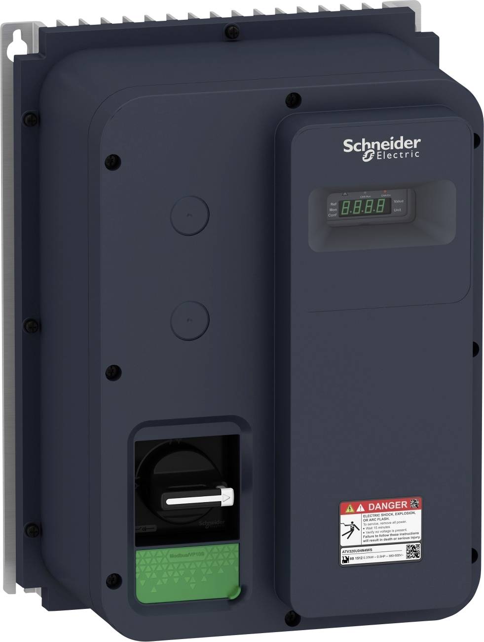 Un armadio elettrico scuro con un display e avvisi di 'Schneider Electric'.