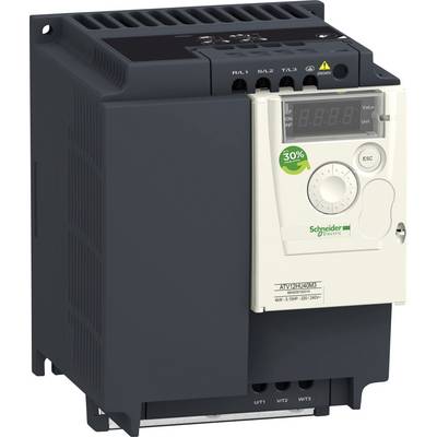Convertitore di frequenza industriale in custodia grigia con pulsanti di comando e display, logo Schneider Electric su pannello bianco.