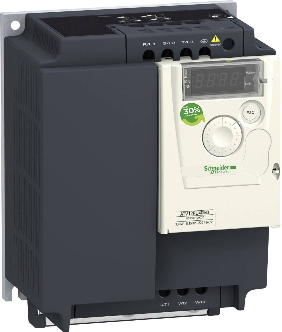 Un convertitore di frequenza nero e bianco di Schneider Electric mostra un display digitale con pulsanti di controllo e indicatori LED.