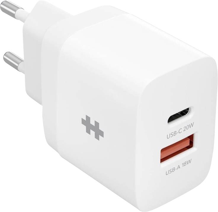 Caricabatterie bianco con due porte: USB-C (20W) e USB-A (18W). Adatto per la ricarica rapida.