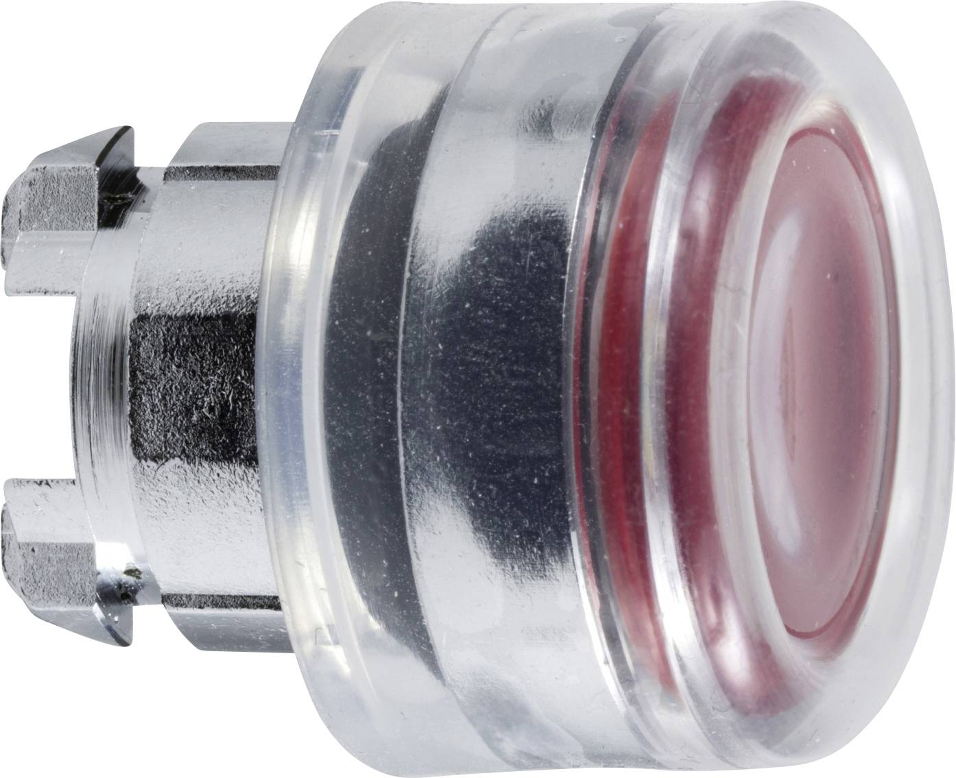 Un pulsante metallico e trasparente con anello rosso. Il pulsante è cilindrico e sembra essere destinato a un circuito elettrico.