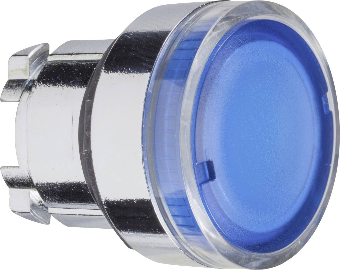 Un pulsante rotondo blu con un bordo argentato lucido, probabilmente un tasto di controllo per un dispositivo elettronico o una macchina.