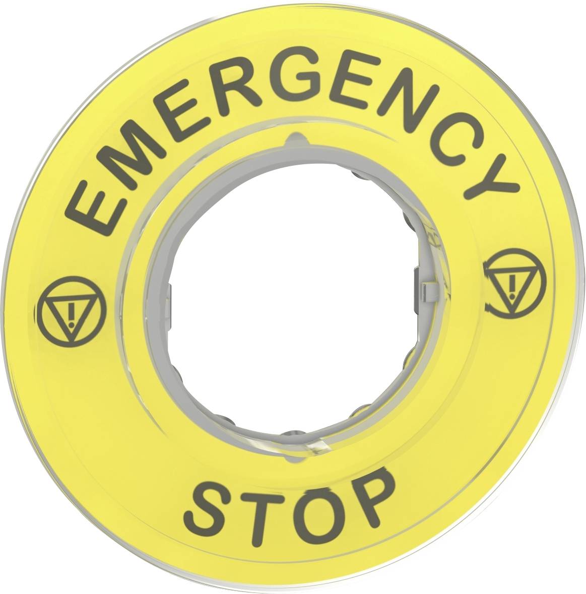Interruttore di emergenza giallo con la scritta 'Emergency Stop'.