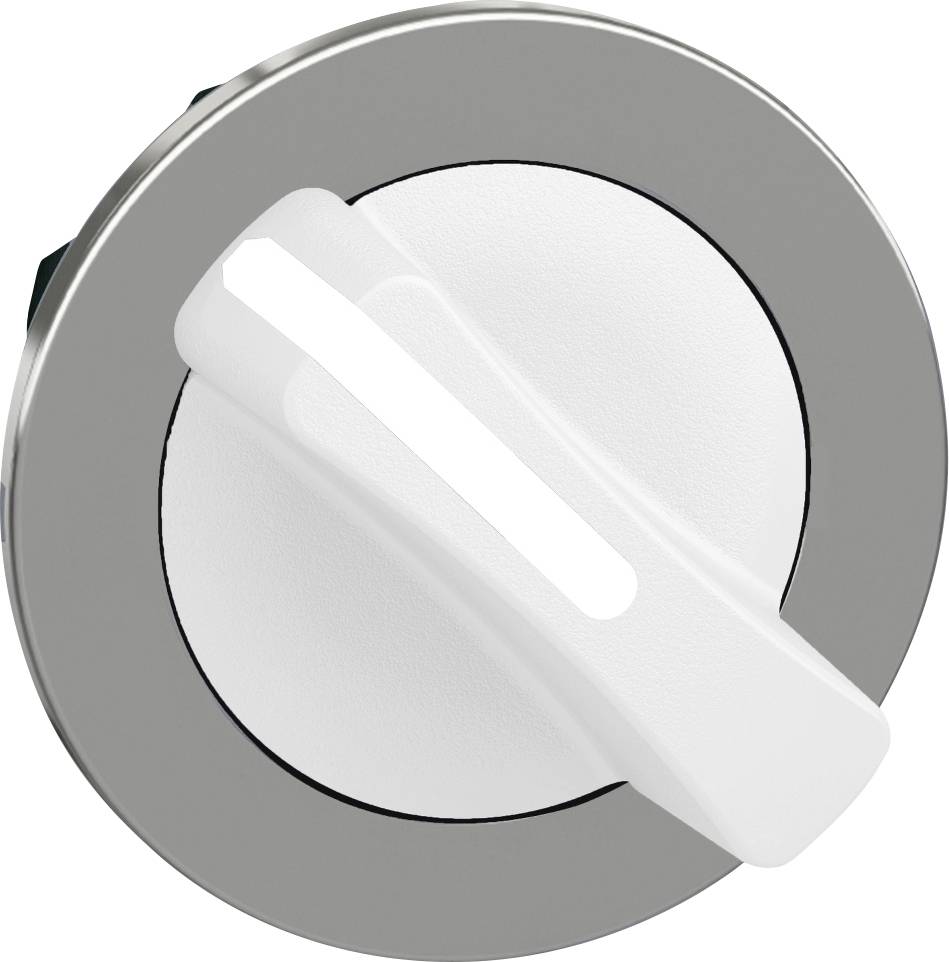 Un interruttore rotativo bianco con bordo argentato.