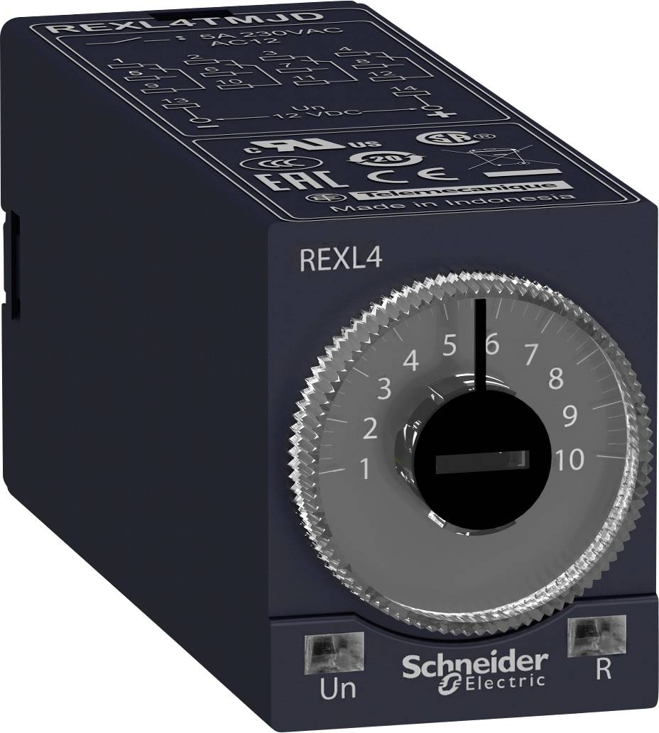 Relè temporizzatore elettronico, tipo REXL4TM.U, colore nero, con manopola di regolazione, prodotto da Schneider Electric in Indonesia.