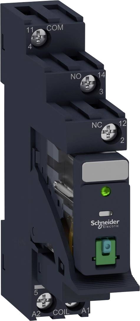 Un relè elettrico di Schneider Electric, nero, con luce verde di attivazione. Contrassegnato con numeri e lettere di connessione.