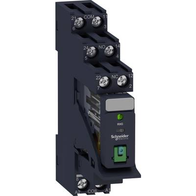 Un modulo relè nero di Schneider Electric con indicatore LED verde, etichette per i morsetti.