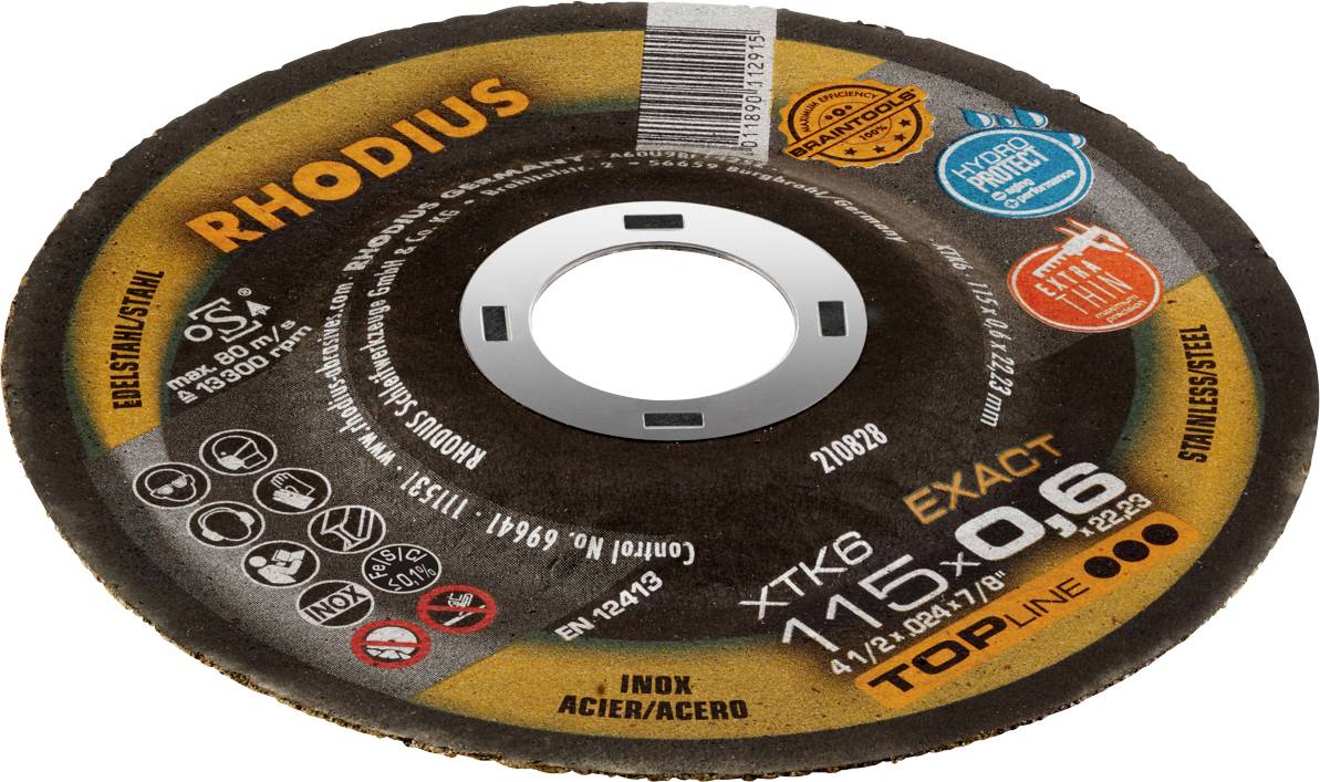 Disco abrasivo Rhodius, modello XTK6, diametro 115 mm, spessore 0,6 mm, appositamente progettato per acciaio inossidabile, ideale per tagli precisi.