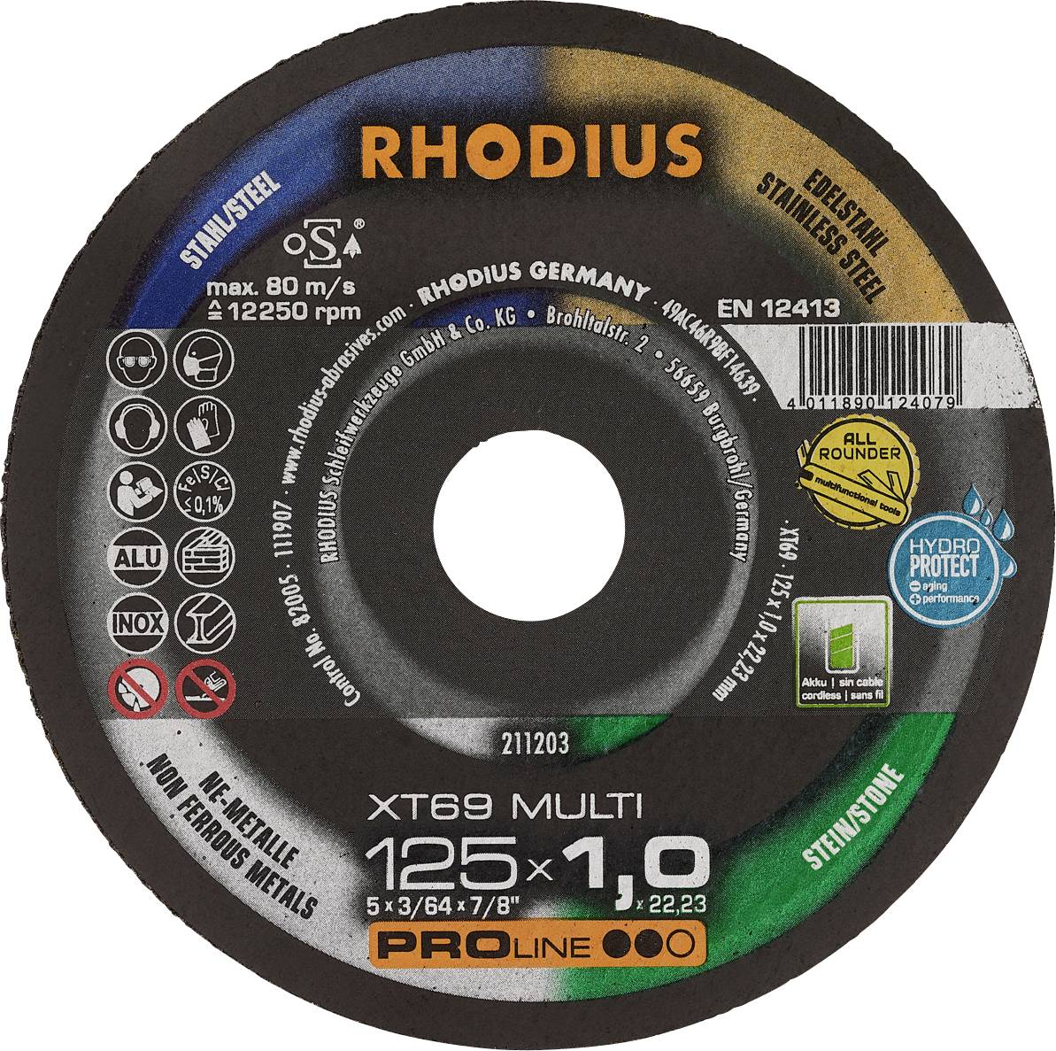 Disco abrasivo per acciaio inossidabile Rhodius, diametro 125 mm, spessore 1,0 mm, con etichetta per numero massimo di giri, adatto per metallo.