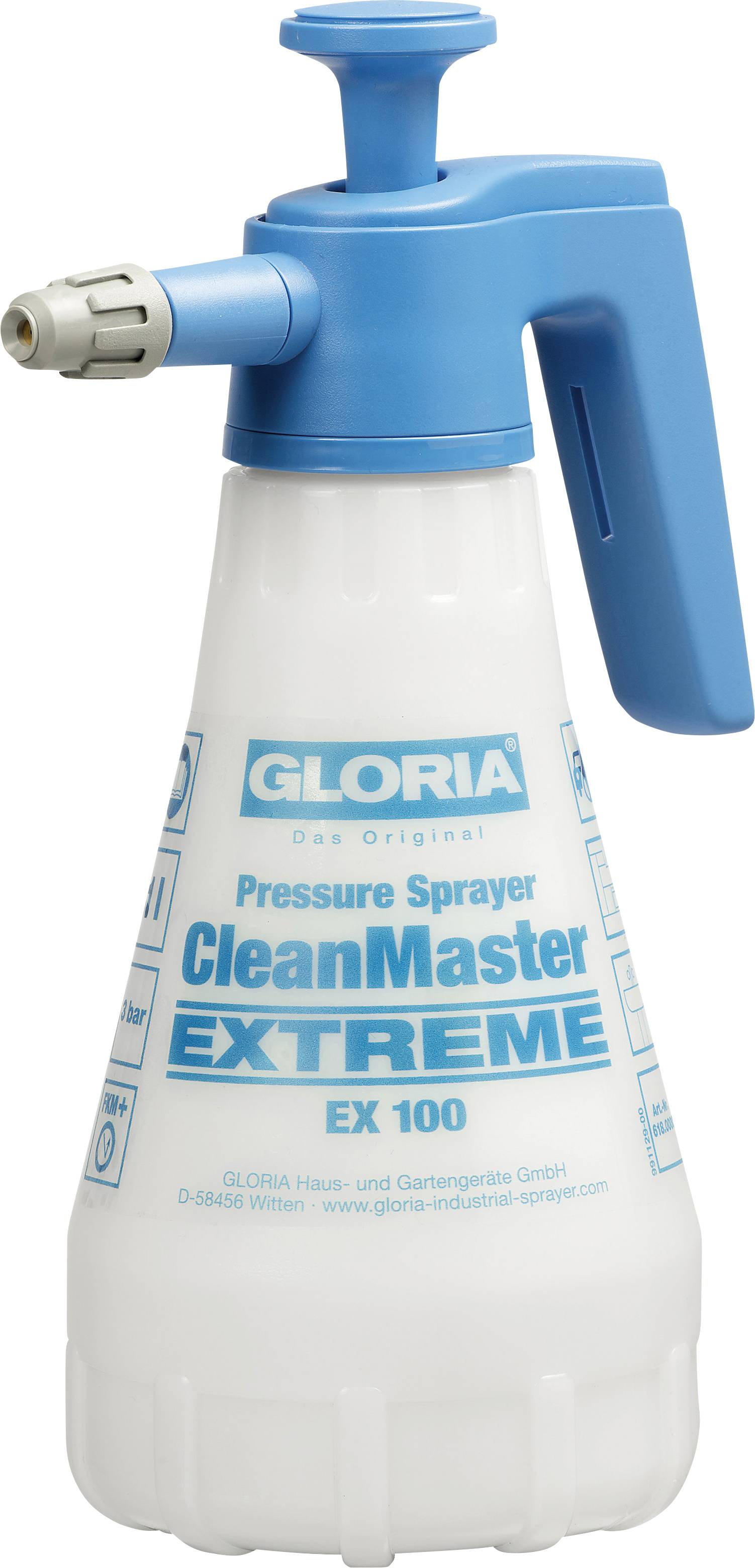 Flacone spray manuale con impugnatura blu e ugello. Etichettato come 'CleanMaster Extreme EX 100' per applicazioni a spruzzo sotto pressione.