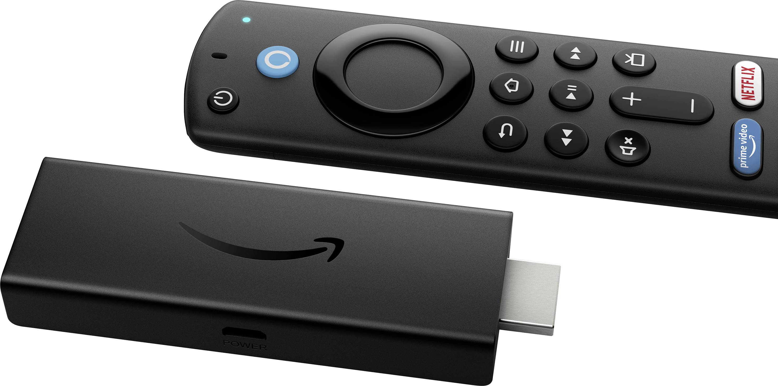 Fire TV Stick con telecomando vocale Alexa accanto al dispositivo. Utilizzato per lo streaming di contenuti multimediali sui televisori.